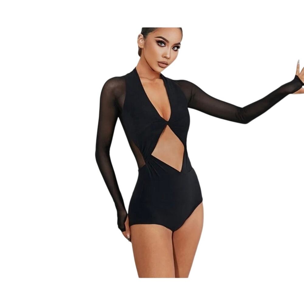 Danceand Sway Z Womens Milk Silk Long Mesh Sleeve Bodysuit Black NEW Small Dance